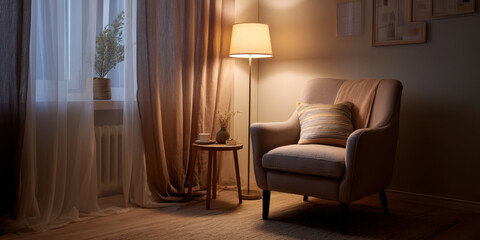 Cozy armchair warm lighting floor lamp side table curtain window soft pillow