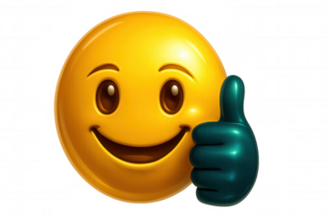Yellow digital emoji rendering, smiling and giving thumbs up gesture, floating on transparent backdrop