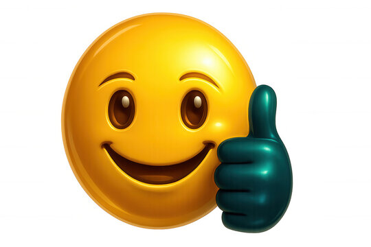 Yellow digital emoji rendering, smiling and giving thumbs up gesture, floating on transparent backdrop