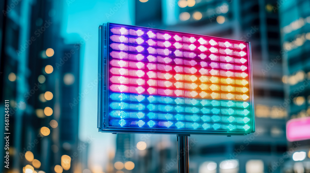 Poster vibrant led display illuminates blurry urban nightscape with spectrum of dazzling colors and bokeh l