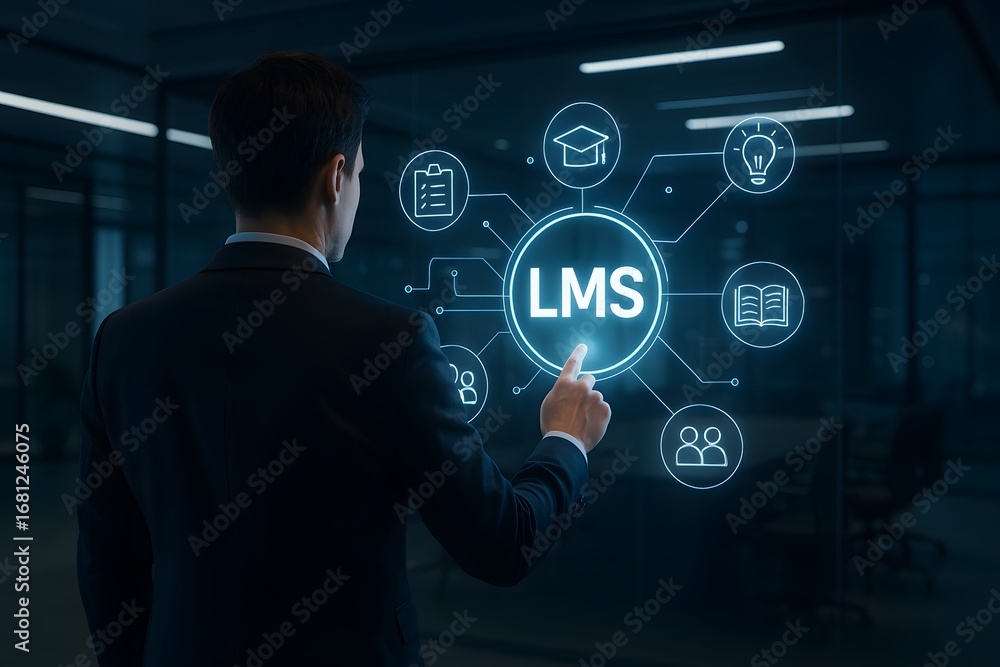 Aufkleber a man in a suit interacts with a digital interface featuring the initials lms