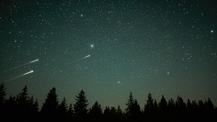 A pale green night sky filled with stars and 47 falling meteors above the outline of pine and spruce trees