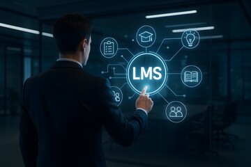 A man in a suit interacts with a digital interface featuring the initials LMS 