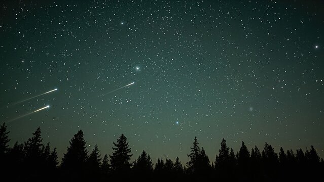 A pale green night sky filled with stars and 47 falling meteors above the outline of pine and spruce trees