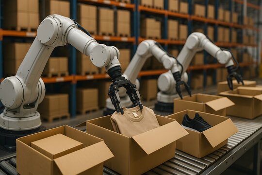 Robotic arms working in a warehouse setting, handling items in cardboard boxes