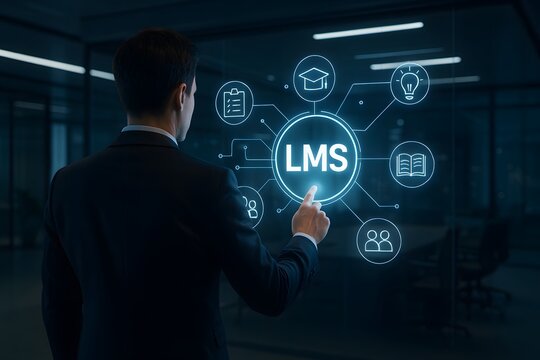 A man in a suit interacts with a digital interface featuring the initials LMS 