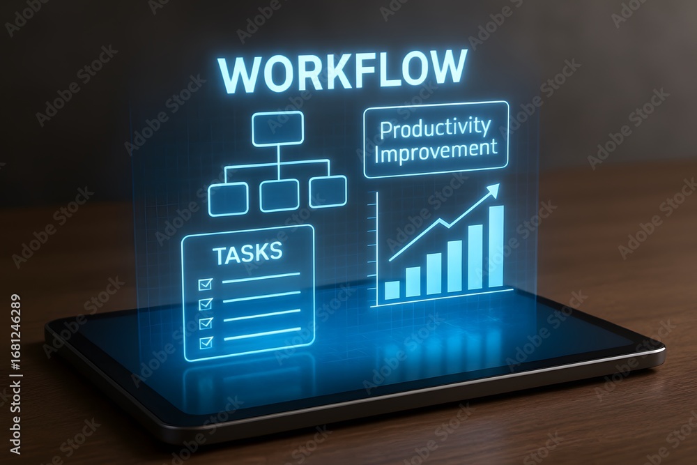 Aufkleber a digital tablet displaying a glowing workflow graphic, showcasing productivity improvements and tas