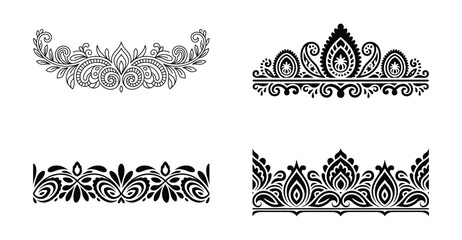 Four ornate decorative borders and crowns isolated on white background