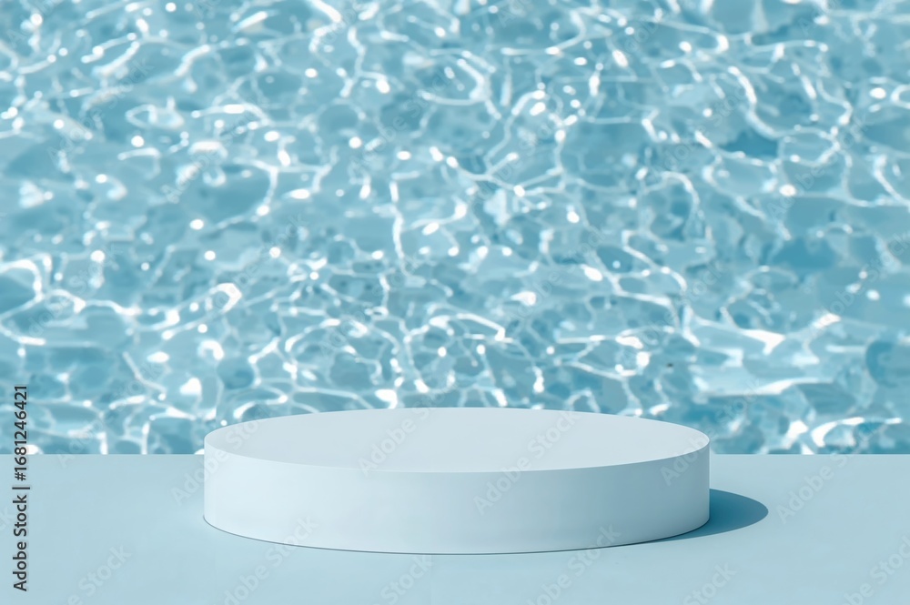 Poster empty round display stand with a pristine water backdrop. cosmetic promotion setup with a soft blue 