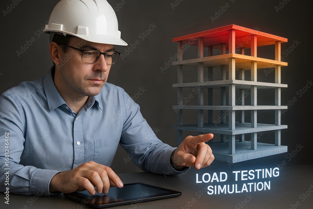 Poster an engineer pointing at a virtual building model on a tablet