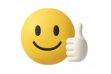 Bright yellow 3d emoji showing thumbs up gesture, expressing cheerful approval against transparent backdrop