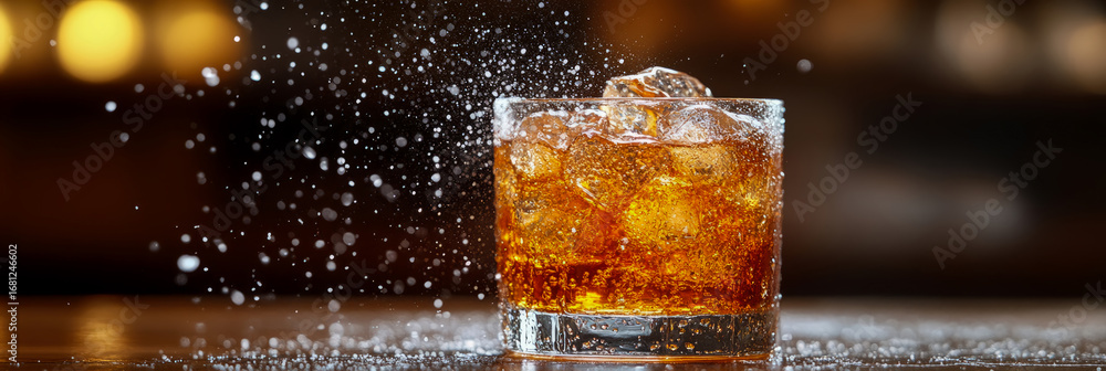Poster refreshing amber beverage with ice and dynamic water splashes captured in motion, sparkling on dark 