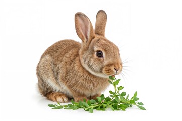 Obraz premium On a plain white backdrop, an adorable small brown bunny joyfully eats fresh vegetables, capturing focused attention. This scene symbolizes animals, rabbits, and healthy eating habits.