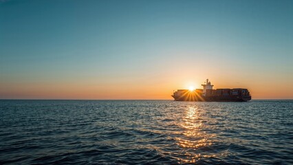 Obraz premium Cargo vessel sailing on the sea during sunset with a clear blue sky, symbolizing international trade and freight transport