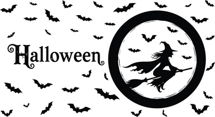 Halloween witch bats silhouette vector spooky night graphic