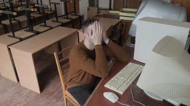 Tired Man Working At The Old Style Computer 80S 90S
