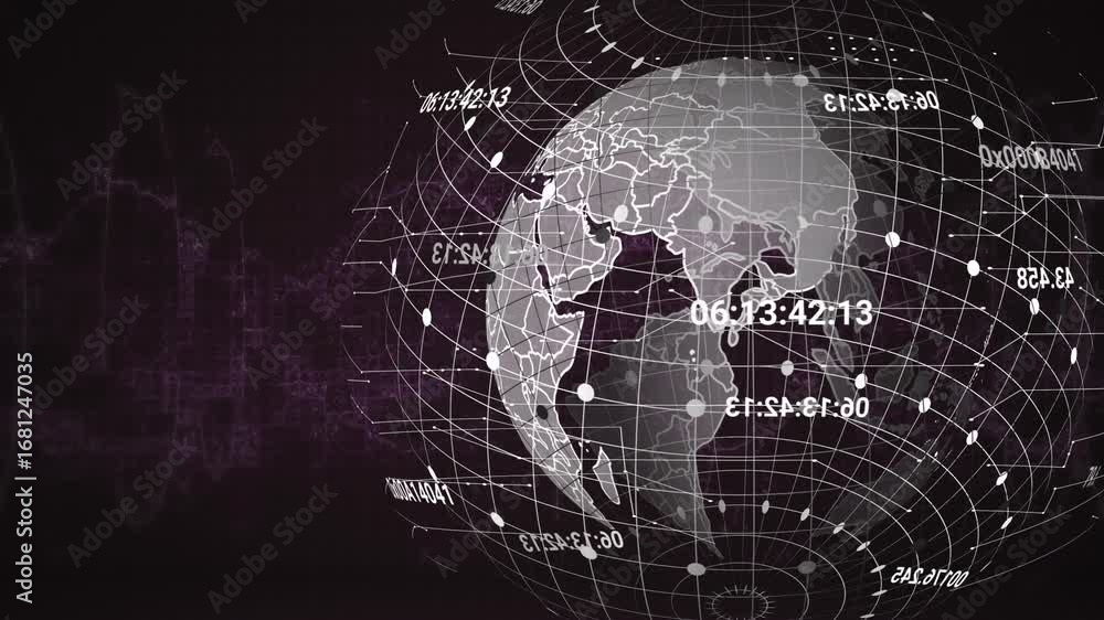 Poster animation of globe with data processing over dark background