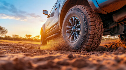 Rugged vehicle's knobby tire intensely grips and churns up cloud of dusty earth on challenging off-road path under beautiful warm evening sky, symbolizing power and adventure.