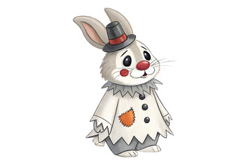Obraz premium Charming rabbit magician in tattered costume with top hat and gray ruff collar patch, isolated on a transparent background