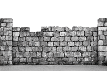 Rough hewn stone wall texture isolated on transparent background. Gray cement wall in retro concept isolated on white background.