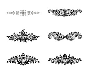 Collection of six ornate vintage decorative floral elements isolated on white background