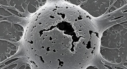Scanning electron microscope image of a dying neuron, showing cellular damage and a porous membrane in a detailed scientific micrograph