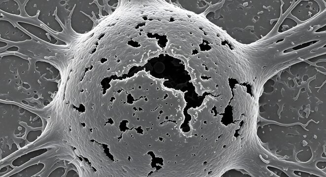 Scanning electron microscope image of a dying neuron, showing cellular damage and a porous membrane in a detailed scientific micrograph