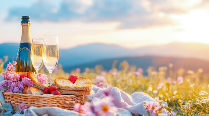 Enchanting golden hour picnic featuring sparkling champagne, sweet strawberries, and crispy toast in wildflower meadow with majestic mountains at sunset
