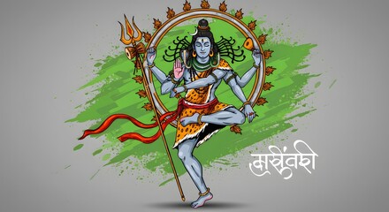 Multi-Armed Deity Dancing in Circle with Green Splatter Background