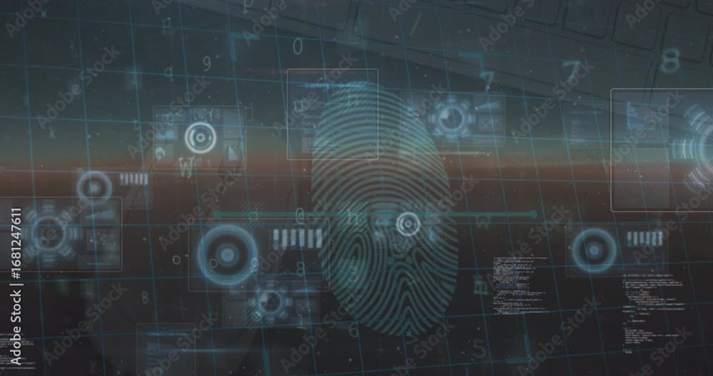 Aufkleber animation of data processing and fingerprint over blue background
