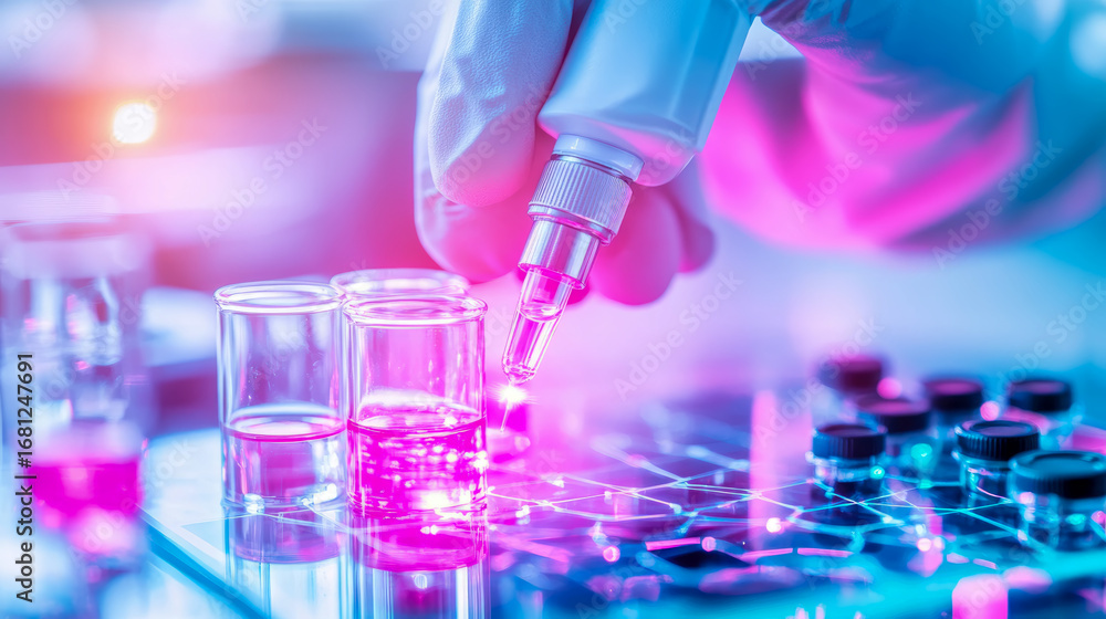 Poster dynamic laboratory scene with gloved hand using micropipette to transfer samples into vials, illumin