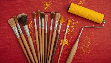 Various sizes and hues of brushes and rollers for manual painting, mainly featuring yellow, placed on a red wooden surface for crafting.