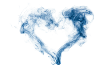 Blue ink heart shape abstract art isolated on transparent background. Grey blue smoke in heart shape isolated on white background.