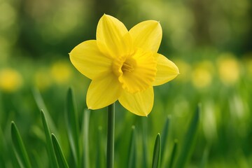 Garden scene featuring vibrant yellow daffodil flowers in full bloom