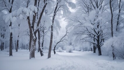 Chilly winter forest filled with snow-laden trees and icy landscape