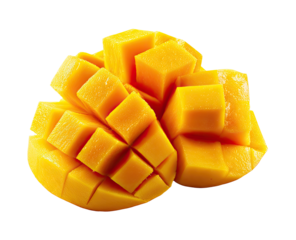 Close-up of diced mango.  Bright, golden yellow cubes.  Fresh, juicy fruit