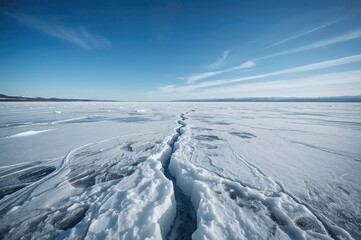 Frozen Lake Crack Extending Infinitely Across the Ice in Winter Tourism