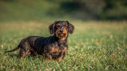 Wire-haired dachshund on a lush Kikuyo grass lawn
