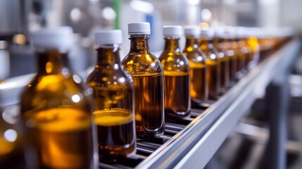 Herbal drink production line in factory: glass bottles with screw caps move on conveyor in a modern beverage facility. 