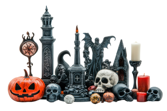 Collection of halloween decorations including pumpkins skulls and gothic architecture isolated on transparent background. Halloween decorations elements isolated on white background.