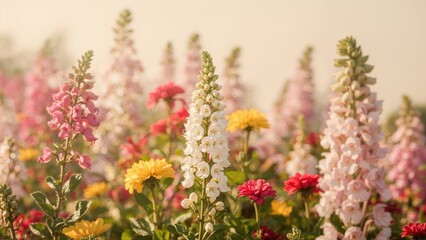White Snapdragon blossoms flourishing in the garden under vibrant sunlight with a backdrop of colorful flowers.