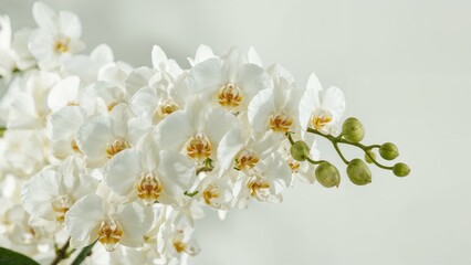 Softly blurred backdrop featuring a white orchid panicle