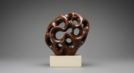 Captivating organic wood sculpture with intricate voids on a minimalist pedestal, modern art.
