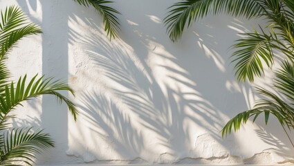 Clean white surface adorned with shadowed tropical palm leaves and a designated area for writing