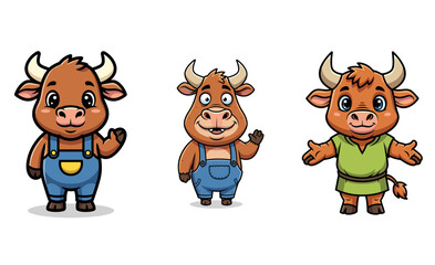Cartoon bulls wave and welcome. Farm animals, mascot, cartoon, happy, agriculture, livestock.