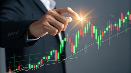A businessmans hand pointing at a stock market chart with upward trending candles, symbolizing investment growth, financial success, and strategic business planning in a dynamic economic environment