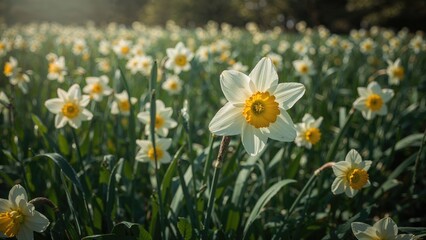 A large field filled with white and yellow daffodil blossoms.