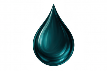 Teal liquid droplet hovering against transparent backdrop, representing water purity, natural wellness, environmental freshness
