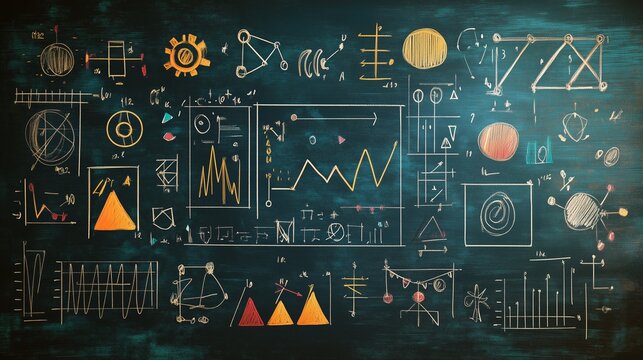 A blackboard covered in various colorful, hand-drawn data charts, graphs, and mathematical symbols.

