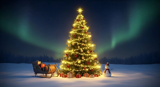 Magical Christmas Eve with glowing tree, gifts and aurora borealis - Powered by Adobe